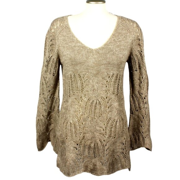 Womens XL Sweater Open Knit Crochet Boho Beige Pullover Metallic Bell Sleeve - Picture 1 of 4